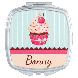 Personalized Pink Cupcake Mint Blue Background Compact Mirror