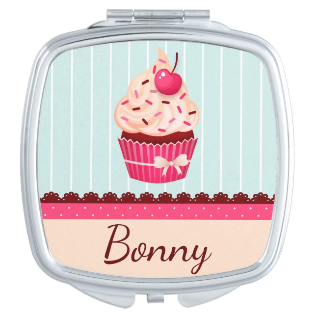Personalized Pink Cupcake Mint Blue Background Compact Mirror (Front)