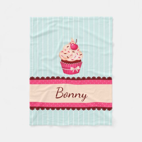 Personalized Pink Cupcake Mint Blue Background Fleece Blanket