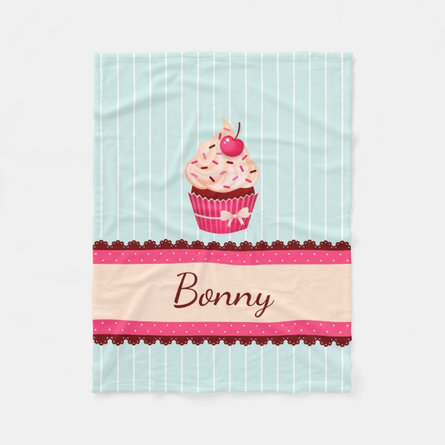 Personalized Pink Cupcake Mint Blue Background Fleece Blanket (Front)