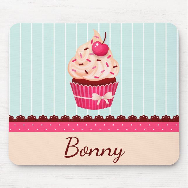 Personalized Pink Cupcake Mint Blue Background Mouse Pad (Front)