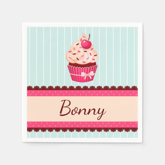 Personalized Pink Cupcake Mint Blue Background Napkins (Front)