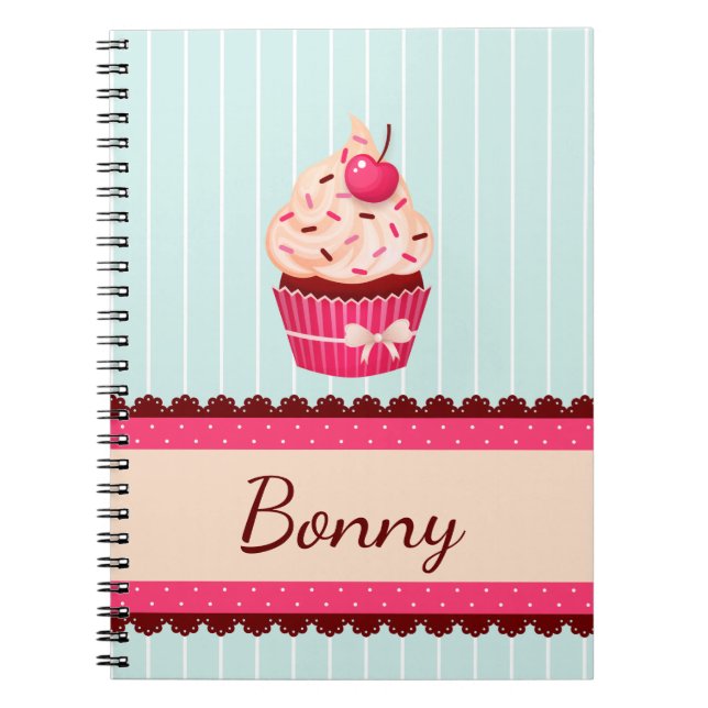 Personalized Pink Cupcake Mint Blue Background Notebook (Front)