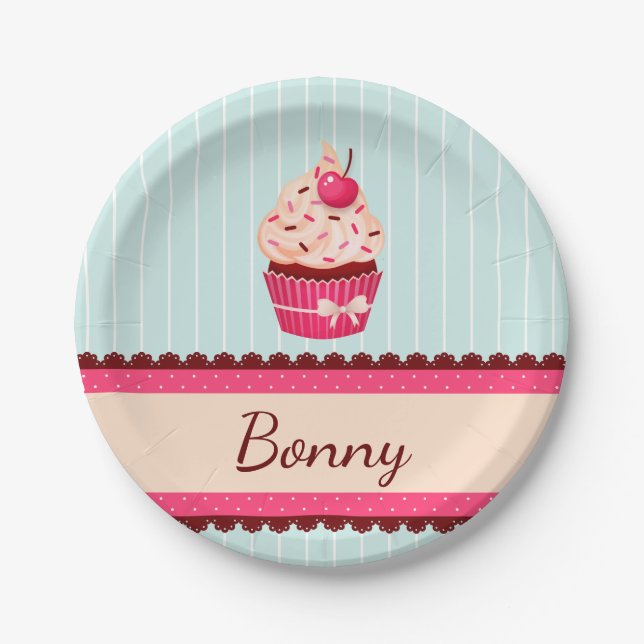 Personalized Pink Cupcake Mint Blue Background Paper Plates (Front)