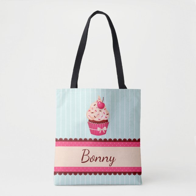 Personalized Pink Cupcake Mint Blue Background Tote Bag (Front)