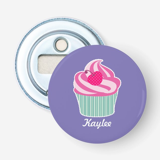 Personalized Pink Cupcake WIth Polka Dot Cherry Bottle Opener (Front)