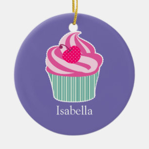 Personalized Pink Cupcake WIth Polka Dot Cherry Ceramic Ornament