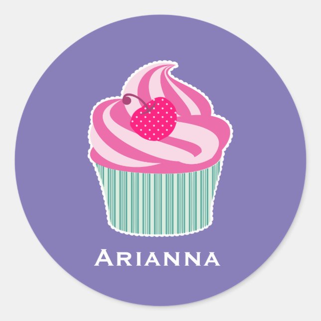 Personalized Pink Cupcake WIth Polka Dot Cherry Classic Round Sticker (Front)