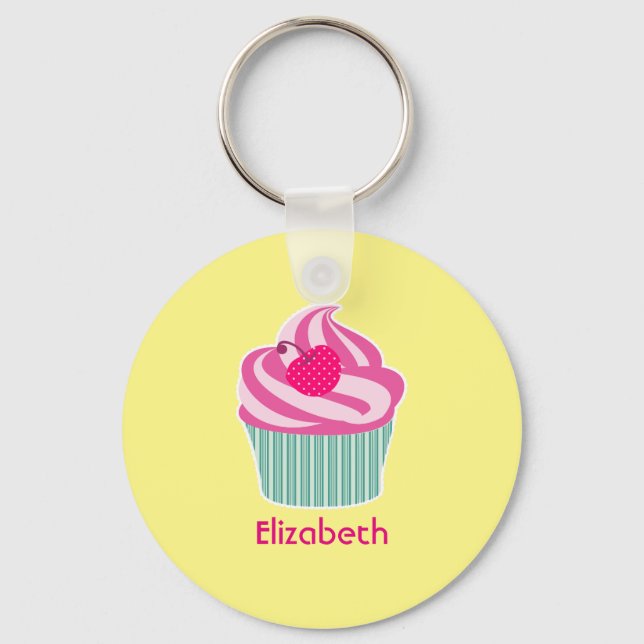 Personalized Pink Cupcake WIth Polka Dot Cherry Keychain (Front)