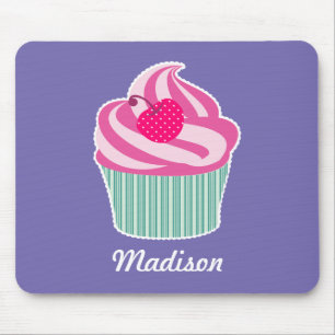 Personalized Pink Cupcake WIth Polka Dot Cherry Mouse Pad