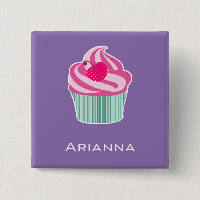 Personalized Pink Cupcake WIth Polka Dot Cherry Pinback Button (Front)