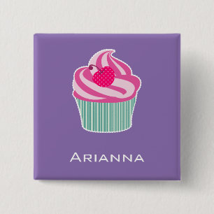 Personalized Pink Cupcake WIth Polka Dot Cherry Pinback Button