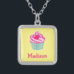 Personalized Pink Cupcake WIth Polka Dot Cherry Silver Plated Necklace<br><div class="desc">Graphic art / illustration of a yummy pink cupcake with swirls of icing on top and a cute,  hot pink,   polka dot cherry. The base is green and white stripes. Yellow background. Personalize with a name.</div>