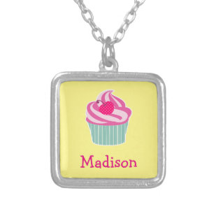 Personalized Pink Cupcake WIth Polka Dot Cherry Silver Plated Necklace