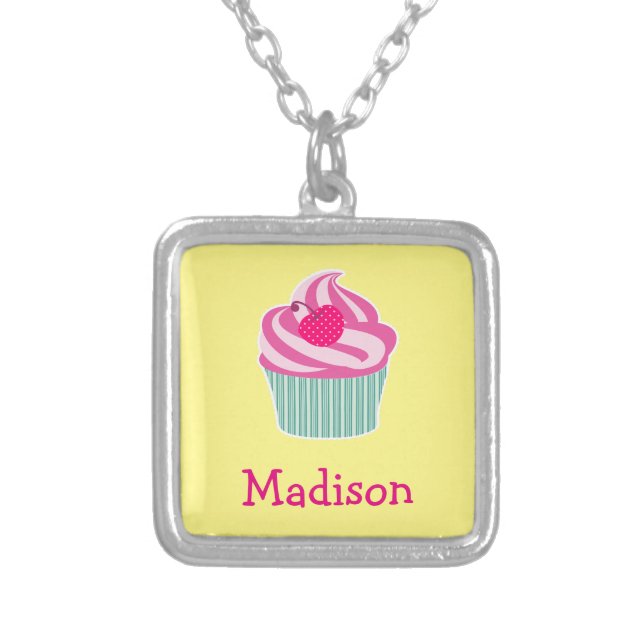 Personalized Pink Cupcake WIth Polka Dot Cherry Silver Plated Necklace (Front)