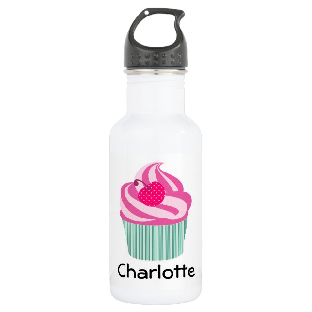 Personalized Pink Cupcake WIth Polka Dot Cherry Stainless Steel Water Bottle (Front)