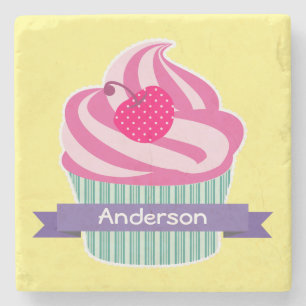 Personalized Pink Cupcake WIth Polka Dot Cherry Stone Coaster