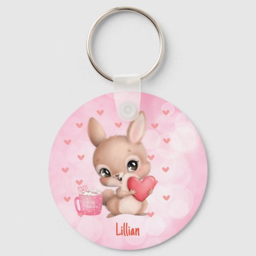 Personalized Pink Cute Bunny Rabbit Love Keychain