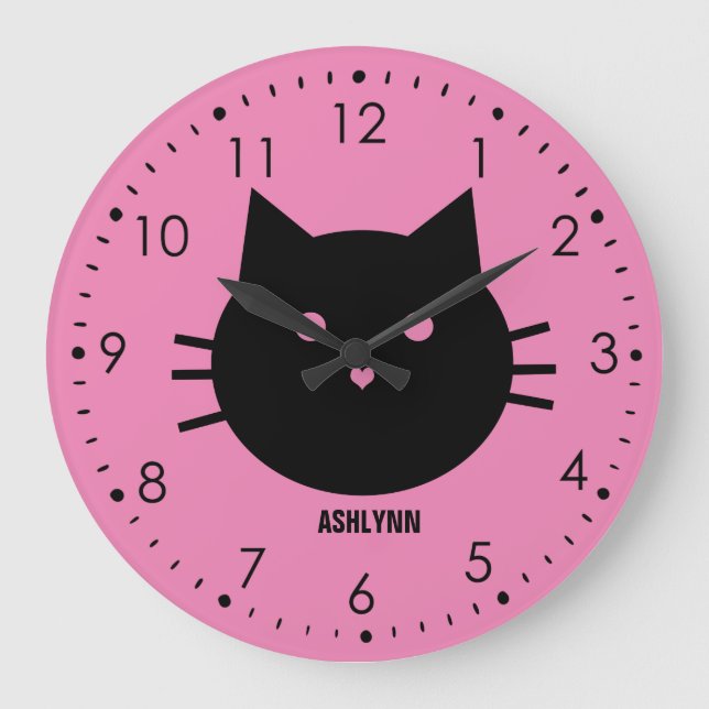 Personalized Pink Cute Cat Large Clock (Front)