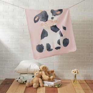 Personalized pink cute minimal watercolor cow baby blanket