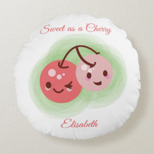 Personalized Pink Cute Pair of Cherries Round Pillow