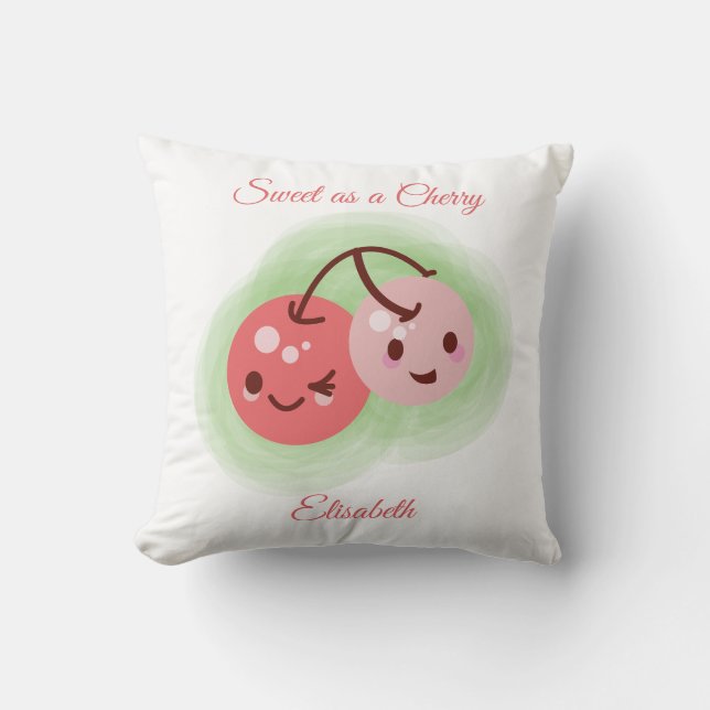 Personalized Pink Cute Pair of Cherries  Throw Pillow (Front)