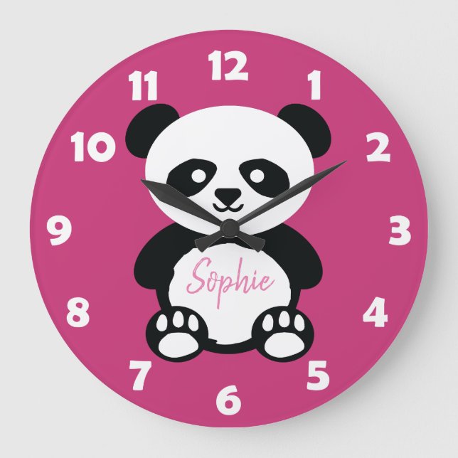 Personalized Pink Cute Panda Bear Kids Kawaii Large Clock (Front)