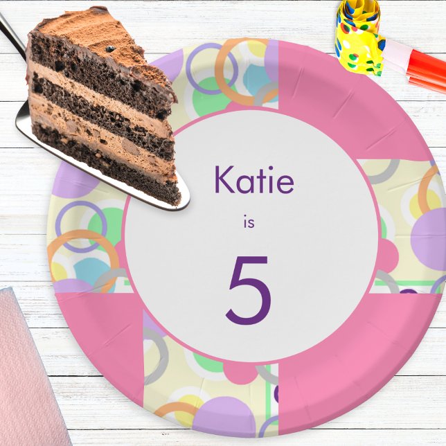Personalized Pink Cute Pattern Birthday Age Pretty Paper Plates (A pretty paper plate to personalize with a name and age. Pink edged with colorful circles design)