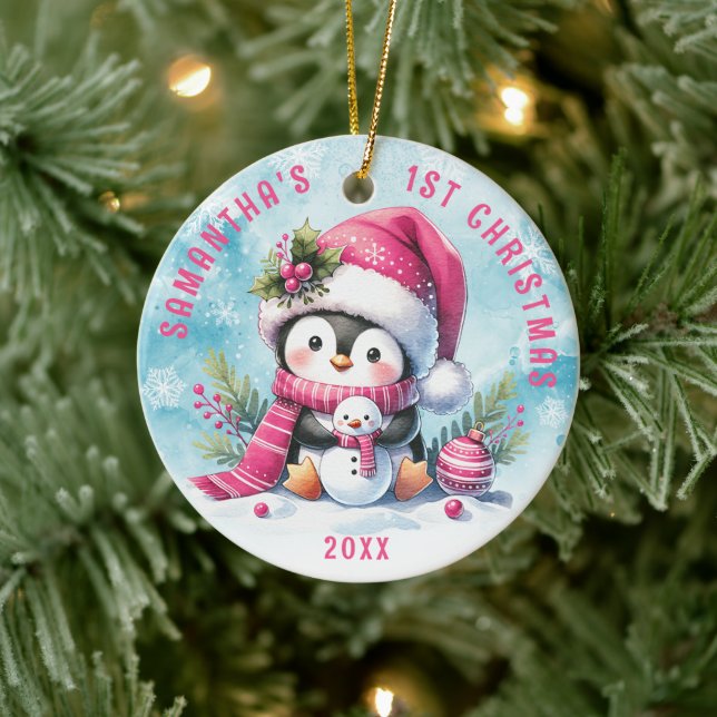 Personalized Pink Cute Penguin Girl 1st Christmas  Ceramic Ornament (Tree)