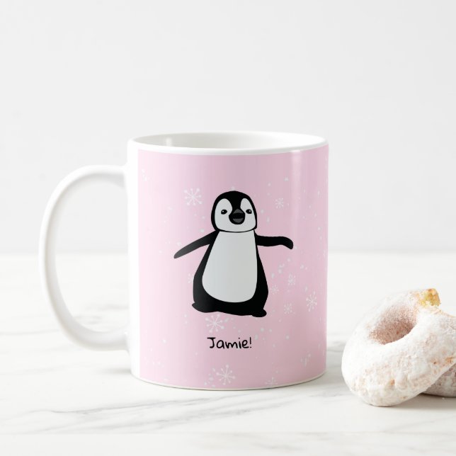 Personalized Pink Cute Penguin Winter snow flakes Coffee Mug (With Donut)