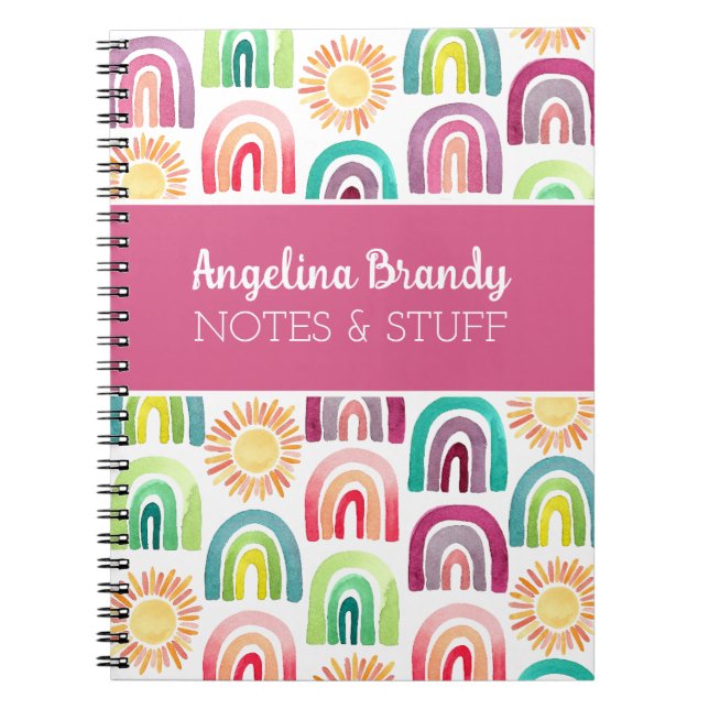 Personalized Pink Cute Rainbow & Suns Kids Notebook (Front)