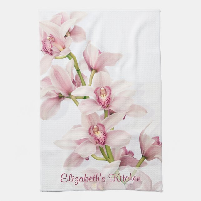 Personalized Pink Cymbidium Orchid Kitchen Towel (Vertical)