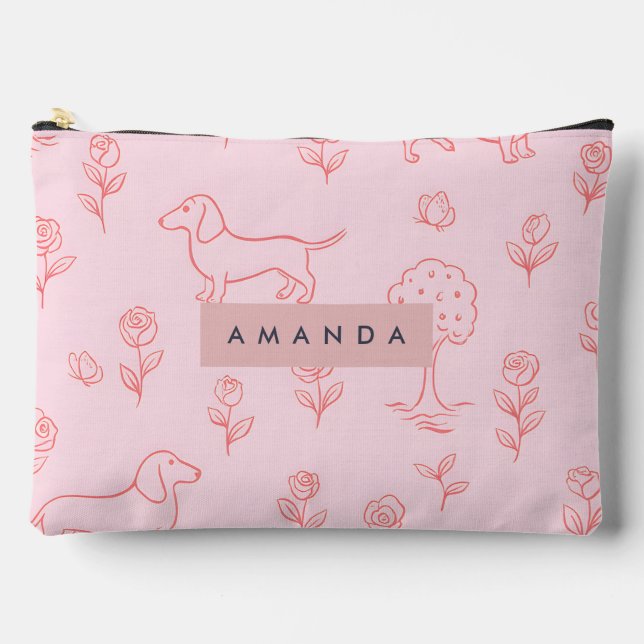 Personalized Pink Dachshund and Flower Accessory Pouch (Front)