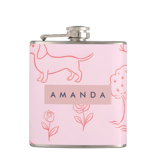 Personalized Pink Dachshund and Flower Flask (Front)