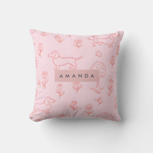 Personalized Pink Dachshund and Flower Throw Pillow
