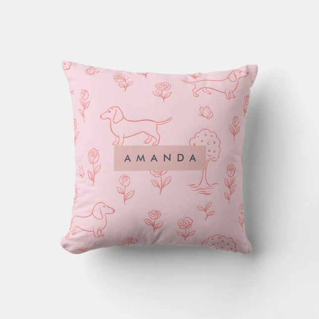 Personalized Pink Dachshund and Flower Throw Pillow (Front)