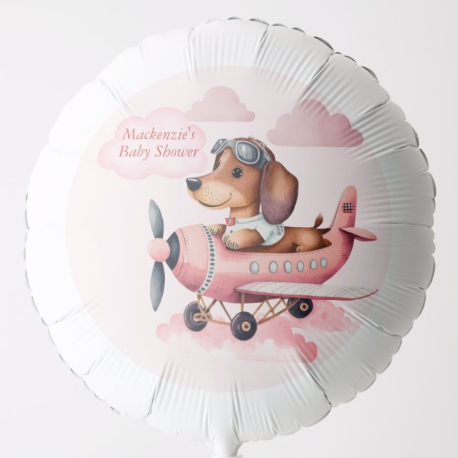 Personalized Pink Dachshund Plane Baby Shower Balloon (Front)