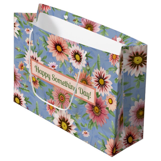 Personalized Pink Daisies on Blue Floral Pattern Large Gift Bag (Front Angled)