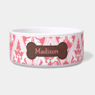 Personalized Pink Damask Dog Food Bowl