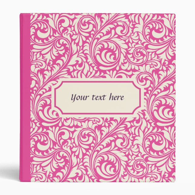 Personalized Pink Damask Pattern 3 Ring Binder (Front)