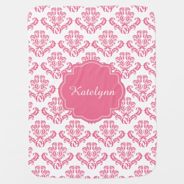 Personalized Pink Damask Pattern Baby Blanket (Front)