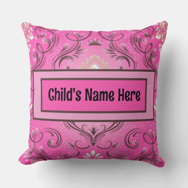 Personalized Pink Damask Throw Pillow (Front)