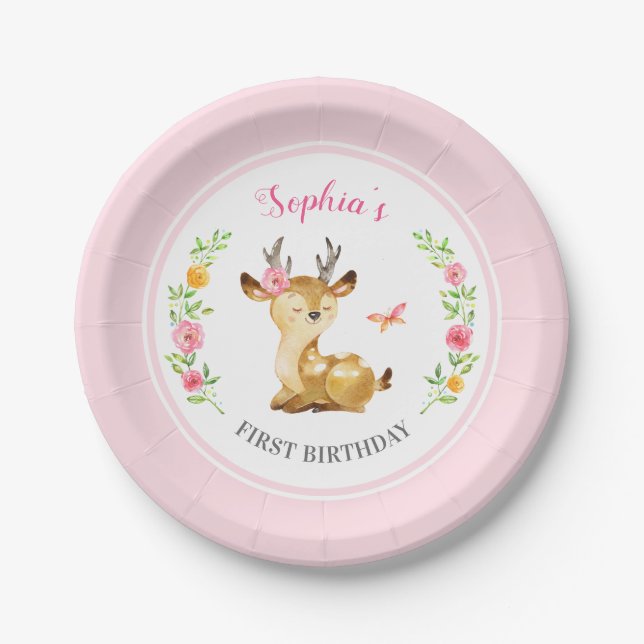 Personalized Pink Deer Girl First Birthday Party Paper Plates (Front)