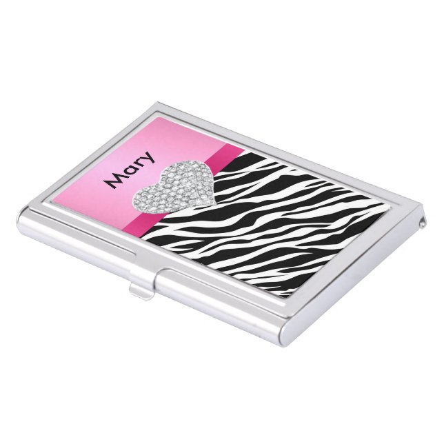 Personalized Pink Diamond Heart Zebra Card Holder (Front)