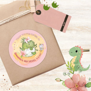 Personalized Pink Dino & Duckling Baby Shower Classic Round Sticker