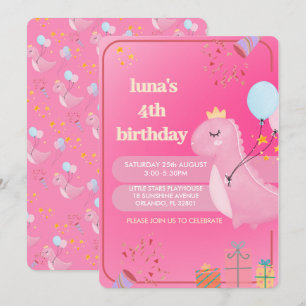 Personalized Pink Dinosaur  Birthday Invitation
