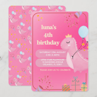 Personalized Pink Dinosaur Birthday Invitation