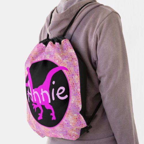 Personalized Pink Dinosaur Hide Drawstring Bag