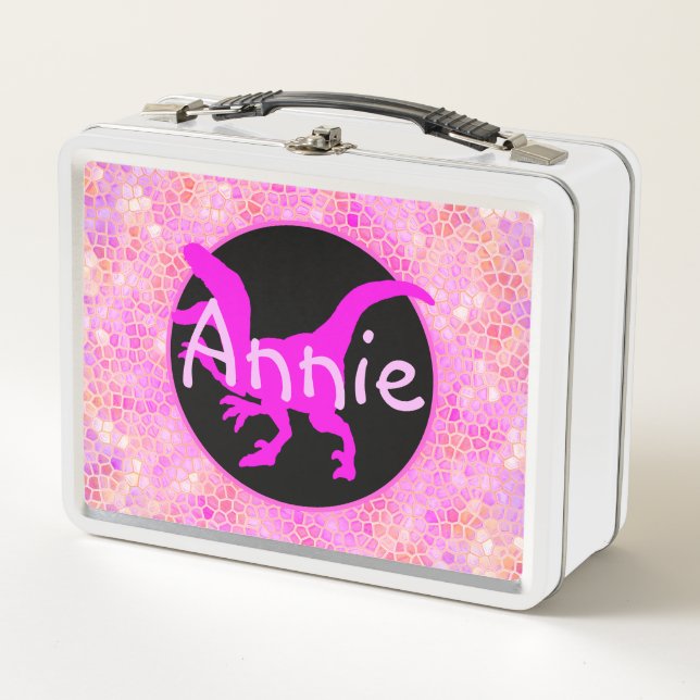 Personalized PInk Dinosaur Hide  Metal Lunch Box (Front)