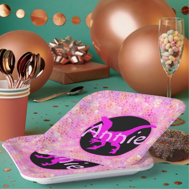 Personalized Pink Dinosaur Hide  Paper Plates (Multi)